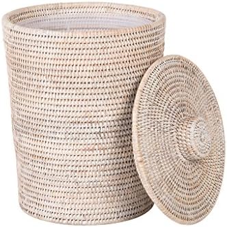 Kouboo La Jolla Rattan Waste Basket with Lid, Large White Wash Insert