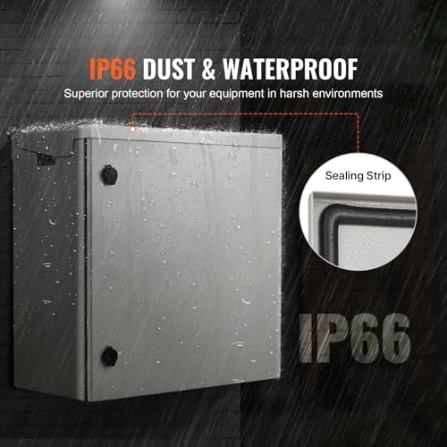 VEVOR Electrical Enclosure, 24'' x 24'' x 12'', NEMA 4 Outdoor Enclosure, IP65 Waterproof & Dustproof Cold-Rolled Carbon Steel Hinged Junction Box for Outdoor Indoor Use, with Rain Hood