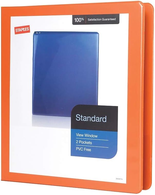 Staples Standard 1-Inch 3-Ring View Binder, Orange, 220 Sheets | Compact binder for office, school, and home document organization.