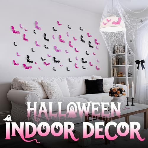 CLEANGOR 48Pcs Pink Bat Halloween Decor, Halloween Party Supplies Stickers