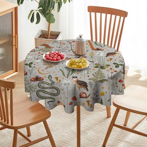 Woodland Animal Tablecloth, Grey Country Forest Hare Squirrel Owl Snake Snail Flowers Mushroom Print Table Cover for Picnic Party Holiday Home Kitchen Dining Table Decor, 60x60in