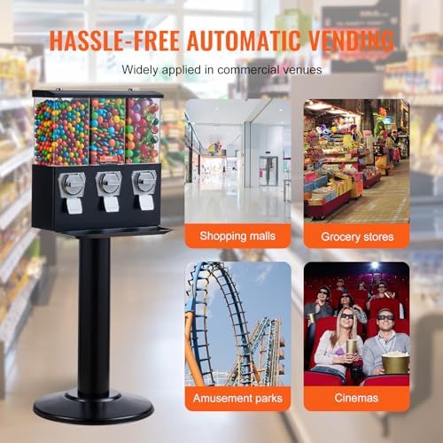 VEVOR Commercial Vending Machine, Triple Compartment Candy Dispenser with Iron Stand, Gumball and Candy Machine for Business, Coin Operated Gumball Bank for Toy Capsules Bouncy Balls Candy Nut, Black