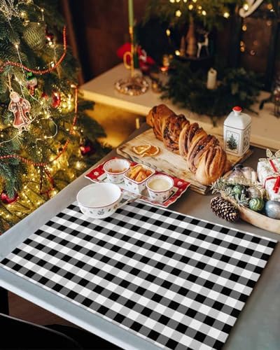 Rustic Black White Buffalo Check Plaid Pattern Placemat 1PC, Farmhouse Heat Resistant Washable Table Place Mats Cotton Table Linens Party Holiday Decor for Kitchen Dining Outdoor Indoor
