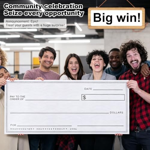 Penitue Big Checks, Oversized Fake Large Check Award with Tape for Presentations |33x14x0.16in Collapsible Reusable Giant Checks Out Award for Celebration Activity Supplies