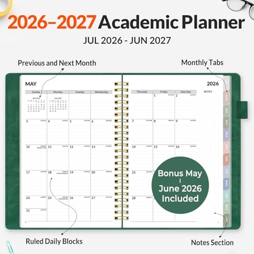 SUNEE 2026-2027 Weekly & Monthly Planner 6.4"x8.5" - 12 Month (July 2026 - June 2027), Vegan Leather Cover Planner Academic Year Calendar, Pocket, Notes, Monthly Tab, Deep Green