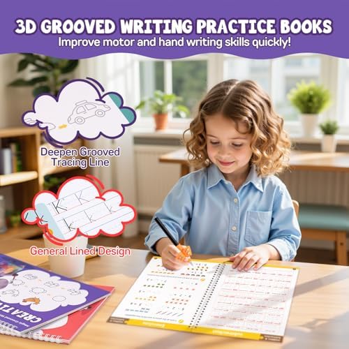 Magic Grooved Writing Practice Books, Reusable 3D Grooved Handwriting Practice for Kids Ages 3-5, Disappearing Ink Pens & Grips, Perfect Educational Gift