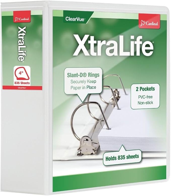 Cardinal 3 Ring Binder, 4 Inch Heavy Duty XtraLife Binder, Locking Slant-D Ring, Crack-Resistant Cover & Spine, ClearVue Covers, Holds 890 Sheets, PVC-Free, White (26340)