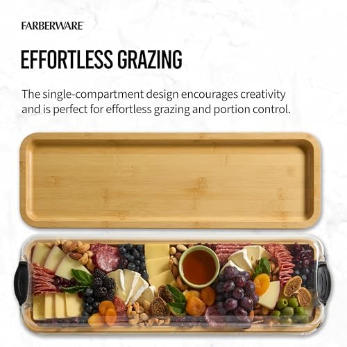 FARBERWARE Rectangular Build-a-Board Cutting Board with Single Compartment and Clear Locking Lid for Charcuterie, Snacks, and More, Bamboo