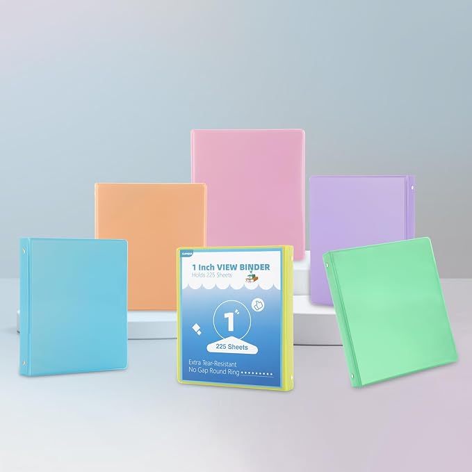 1 Inch Binders 3 Ring,6 Pack Three Ring Binder with 2 Pockets,PVC-Free,Customizable Clear View Cover for 8.5 x 11'' Letter Size Papers, Round Ring， Ideal for School, Office Supplies