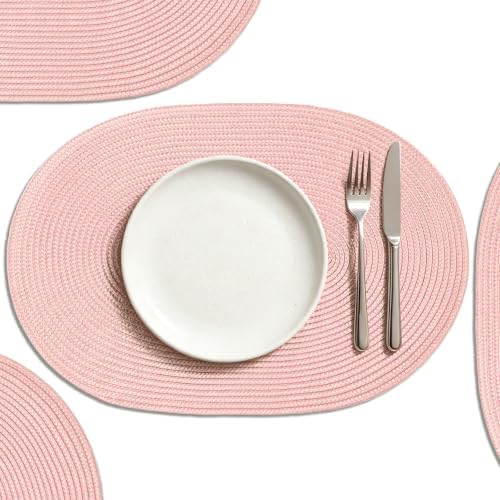 AHHFSMEI Placemats Set of 4 for Dining Table Washable Woven Non-Slip 18x12 inches Placemat Heat-Resistant Durable Table Mats for Dining Table Easy to Clean(Pink 4)