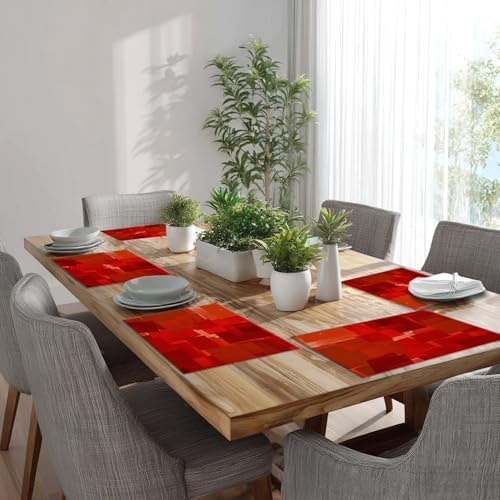Batmerry Modern Art Textures Linen Placemats Set of 6, Red Orange Abstract Painting Acrylic Washable Table Mats for Kitchen Table Thickened Heat Insulation Dining Set Indoor Outdoor 12X18 in