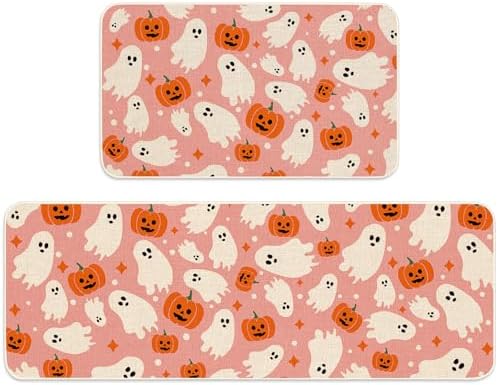 JarThenaAMCS Halloween Kitchen Mats Set of 2 Pink Ghost Pumpkin Kitchen Floor Mat Non-Slip Decorative Bathroom Rugs for Party Home Entrance, 17 x 29 Inch & 17 x 47 Inch