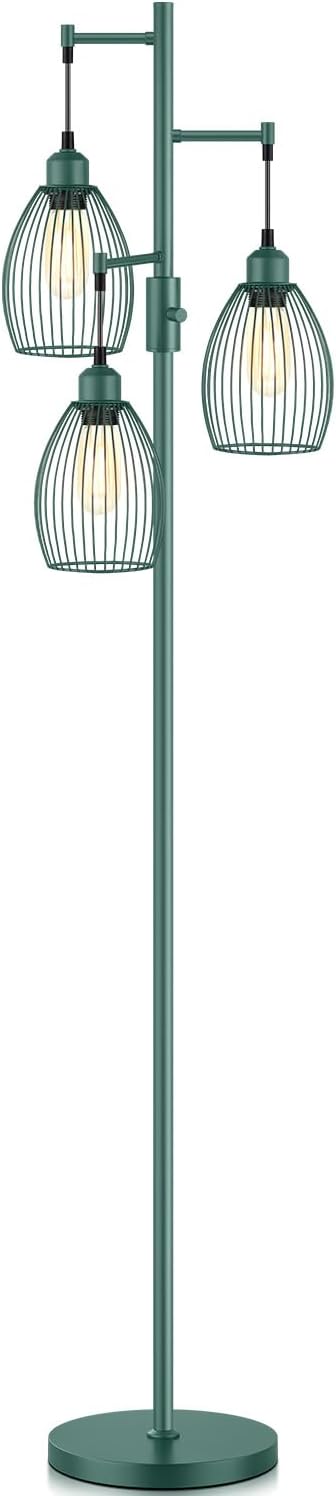 Dimmable Floor Lamp, Industrial Floor Lamps for Living Room, Green Tree Lamp Standing Lamp Tall Lamps with 3 Elegant Teardrop Cage Head & 800 Lumens LED Bulbs for Living room Bedroom Dining Room