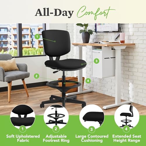 HON Volt Ergonomic Office Stool, Armless, Office Desk Computer Chair, Black