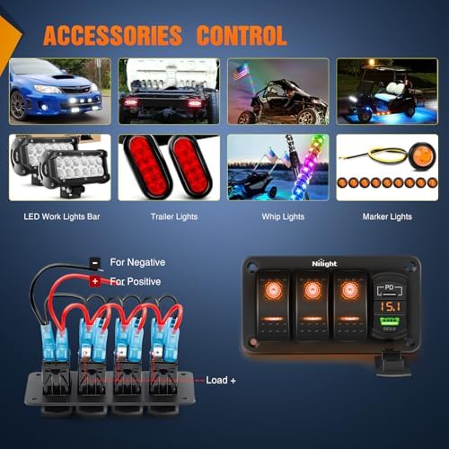 Nilight 3 Gang Rocker Switch Panel with PD Type C and USB Charger Voltmeter