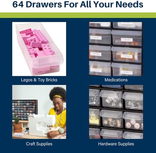 Akro-Mils 64-Drawer Plastic Storage Cabinet, 20-Inch W x 6-Inch D x 16-Inch H | Black | Model 10164 | Garage Organization