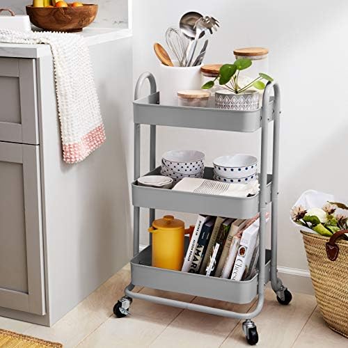 Amazon Basics 3-Tier Rolling Utility or Kitchen Cart, Lockable Wheels, Multifunctional Storage, Mobile Shelving Unit, Metal Storage Organizer, Charcoal