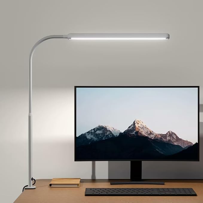 SUPERDANNY Eye-Caring LED Desk Lamp Work Lamp Office Lamp with Side Clamp | White, Touch Control, 360° Flexible Gooseneck, 3 Modes Smooth Dimming, Memory Function, Adapter, Metal, for Home Office Dorm