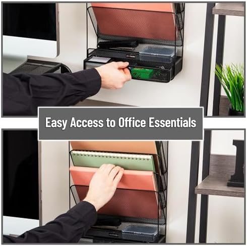 Mind Reader 4-Tier Vertical File Storage, Desktop Organizer, Wall Mount, Office, Metal Mesh, 12.5"L x 4"W x 16.5"H, Black
