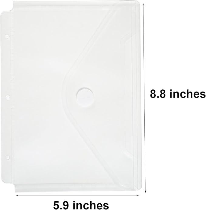 Plastic 3 Ring Binder Pockets Clear Pouches for 5.5’’ x 8.5’’ Paper Folder Organizer Hook Loop Closure 40 Pack