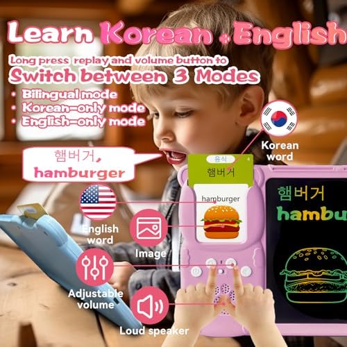 Writing Drawing Tablet with Talking Flash Cards - Korean Pink