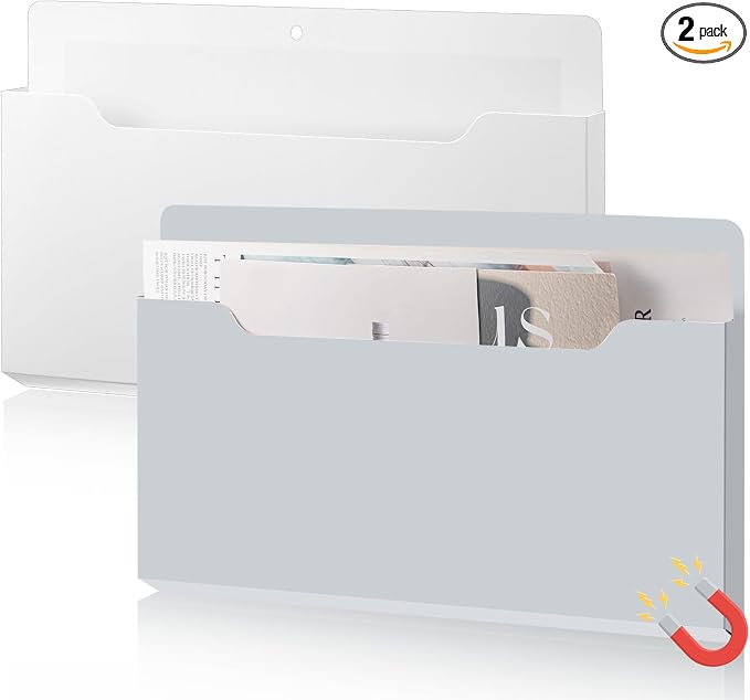 Feifeiya 2 Pcs Magnetic File Folder Wall Hanging Holder Large Pocket Paper Magazine Mail Organizer for Refrigerator Classroom Locker Whiteboard(Horizontal,White Grey,13.8 x 8.3 Inches)