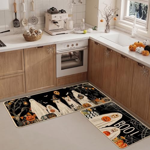 Baccessor Halloween Kitchen Rugs Set of 2, Ghost Boo Dog Pumpkin Spider Web Kitchen Mats for Floor Washable Low-Profile Farmhouse Spooky Holiday Home Indoor Outdoor Decor 17x29 and 17x47 Inch