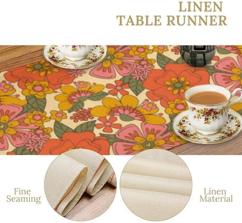Retro 70s Floral Table Runner Hippie Daisy Flower Peace Love Birthday Party Retro Kitchen Dinning Home Decoration 13x70 Inch