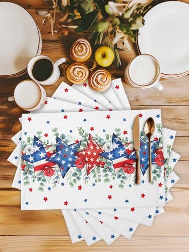 4th of July Placemats Set of 4, Patriotic Memorial Day Heat Resistant Washable Dining Table Mats Holiday Farmhouse Decor for Kitchen&Table Linens Outdoor Indoor, American Stars Summer Poppy Eucalyptus