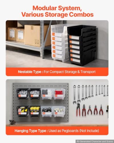 VEVOR Plastic Stackable Storage Bins, 14.8 x 8.5 x 7.1 inch (12 Pack), Plastic Containers for Organizing & Storage Bins for Garage, Small Parts, Office Supplies, Other Accessories, Black & Transparent