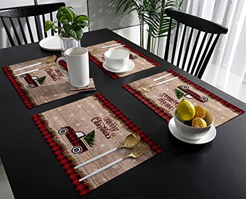 Christmas Tree Farmhouse Placemats Set of 4, Red Buffalo Plaid Truck Cotton Line Stain Resistant Table Mats Washable Holidays Merry Xmas Placemat Decoration For Kitchen Dining Table Merry Xmas
