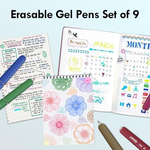 Erasable Gel Pens, 9 Pack Retro Colors, 0.6mm Fine Point