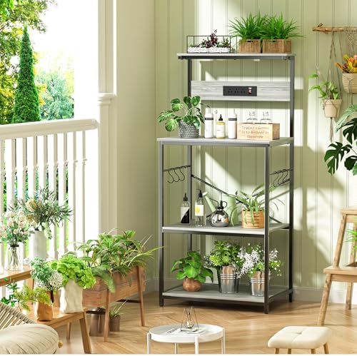 VUSIGN Kitchen Bakers Rack with Power Outlet, 4 Tiers Microwave Stand with Storage, 23.6 Inch Coffee Bar Station with 6 S Hooks, Adjustable Shelf Rack for Pots/Pans/Spices, Gray