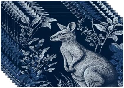 Batmerry Cute Kangaroo Placemats, Navy Blue with Plants Washable Linen Table Mats for Kitchen Table Double Insulation Decor Dining Set Indoor Outdoor 12X18 in Set of 8