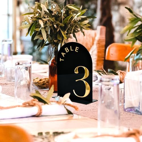 Black Arch Wedding Table Numbers 1-10, Gold Numbers and Stands
