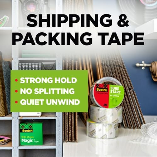 Scotch Sure Start Shipping Packaging Tape, 1.88" x 54.6 yd, Designed for Packing, Shipping and Mailing, Quiet Unwind, No Splitting or Tearing, 3" Core, Clear (345),1 Roll (Pack of 12)