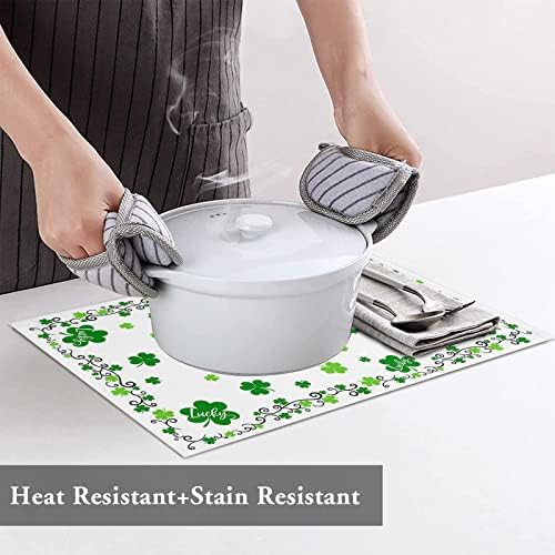 St. Patrick's Day Placemats Set of 6, Green Shamrock Irish Clover Heat Resistant Washable Dining Table Mats Seasonal Spring Holiday Farmhouse Decor for Kitchen&Table Linens Outdoor Indoor