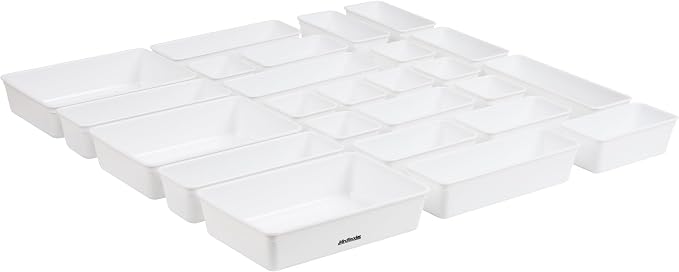 Mind Reader 25-Piece Drawer Organizer Set, Storage Trays for Kitchen, Bathroom, Office, Makeup, Jewelry & More, Junk Drawer Tray, Utensil Holder, Plastic, White