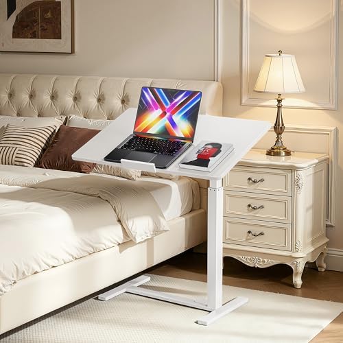 Mobile Standing Desk Adjustable Overbed Table, Pneumatic Height Adjustable Rolling Laptop Desk with Hidden Wheels, 0-180°Tilt Top Rolling Computer Cart Foldable for Home Office, Craft & Study, White