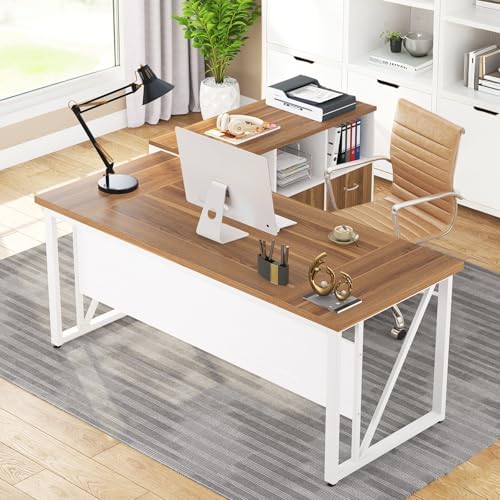 Tribesigns 63-Inch Executive Computer Desk with 47-Inch Lateral File Cabinet, Large Workstation Business Furniture, L Shaped Desk with Drawers and Storage Shelves for Home Office, Walnut & White