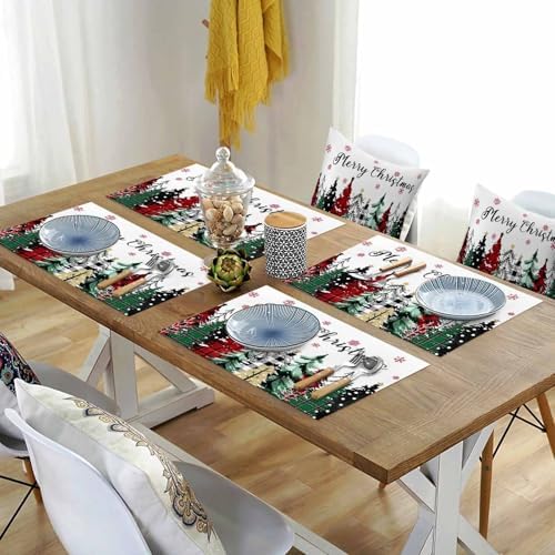 Merry Christmas Placemats Set of 6, Red Green Plaid Pine Tree Heat Resistant Washable Table Place Mats White Snowy Forest Winter Table Linens Party Holiday Decor for Kitchen Dining Outdoor Indoor