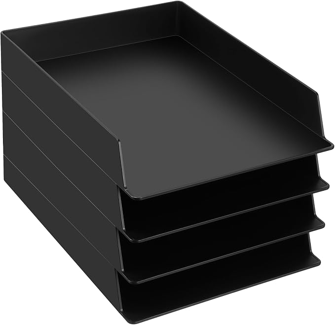 4 Pcs Stackable Paper Trays Rectangular Plastic Desk Holder Desktop Document File Organizer Storage Letter for Office Classroom (Black)