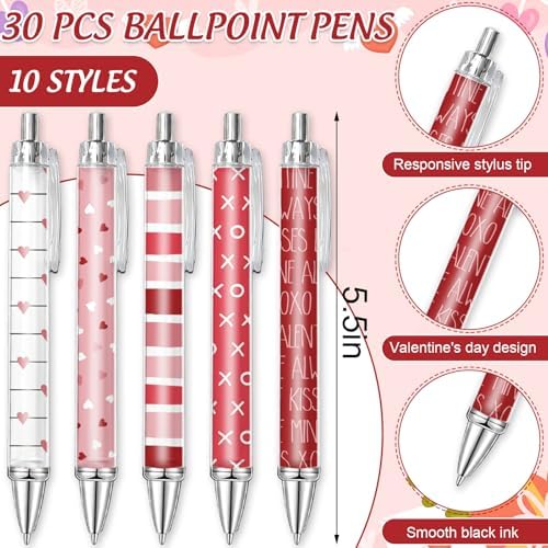 JarThenaAMCS 60Pcs Valentine's Day Sticky Notes with Ballpoint Writing Pens Pink Red White Heart Stationery Set Appreciation Gifts for Students Home Office Classroom Party Favors