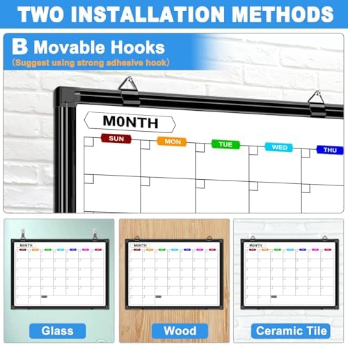 Calendar Whiteboard for Wall 24" x 18", with Black Aluminum Frame