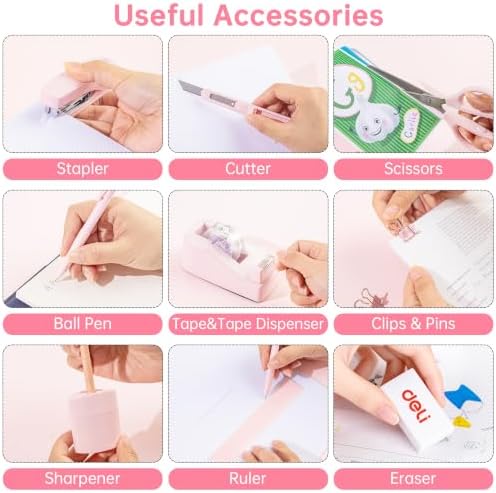 deli Office Supplies Set, Desk Accessory Organizer Kit, Pink