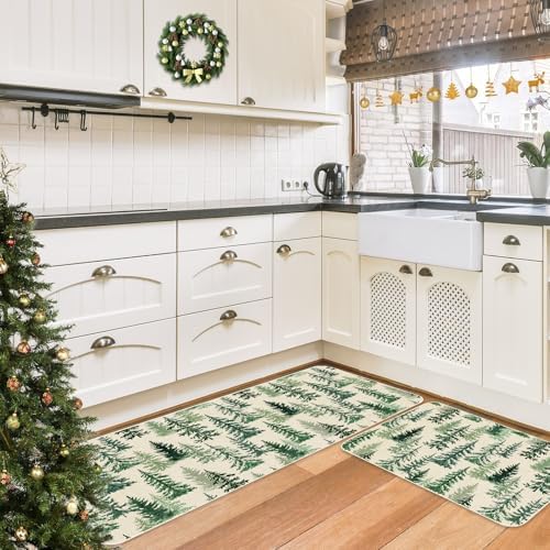 JarThenaAMCS Christmas Kitchen Mat Set of 2 Watercolor Cedar Forest Kitchen Floor Mats Winter Trees Non-Slip Door Rugs for Xmas Holiday Home Entrance Decor