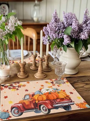 Fall Placemats Set of 6,Cotton Linen Heat Insulation Thanksgiving Harvest Pumpkin Farmhouse Truck Placemat for Holiday Banquet Dining Kitchen Table Decor