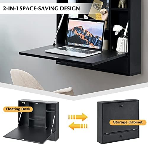 COSTWAY Wall-Mounted Computer Desk, Floating Desk with Storage Drawer & Shelves, Fold-up Desktop & Pneumatic Springs, Ideal for Home, Office, Dormitory, Small Spaces (Black)