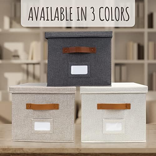 Decorative File Organizer Box Set of 2 - Collapsible Linen Filing Cabinets | Stores Documents and Hanging File Folders - Portable Office Crates with Lid and Handles for Easy Slide Access