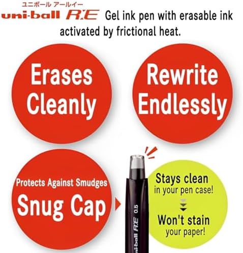 Mitsubishi Pencil Erasable Gel Ink Ballpoint Pen, uni-ball R:E 0.5mm, Off Black, Set of 10